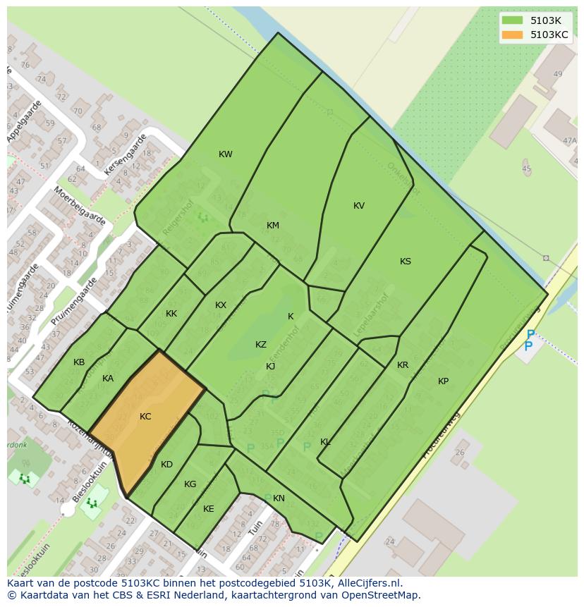Afbeelding van het postcodegebied 5103 KC op de kaart.