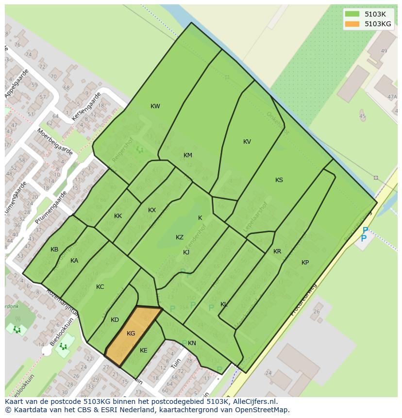 Afbeelding van het postcodegebied 5103 KG op de kaart.