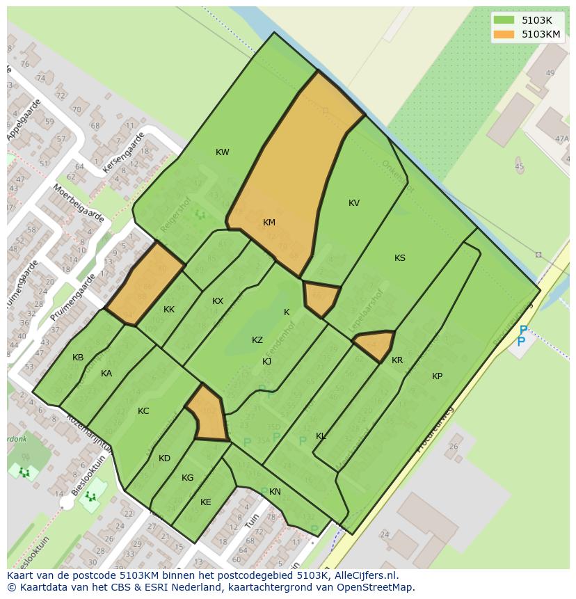 Afbeelding van het postcodegebied 5103 KM op de kaart.