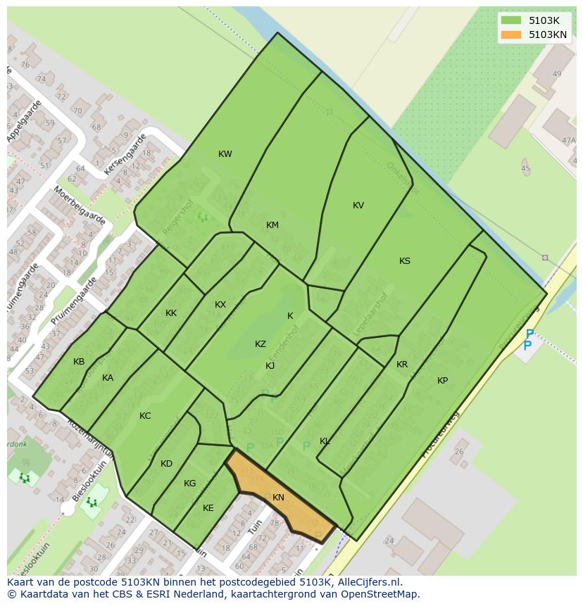 Afbeelding van het postcodegebied 5103 KN op de kaart.