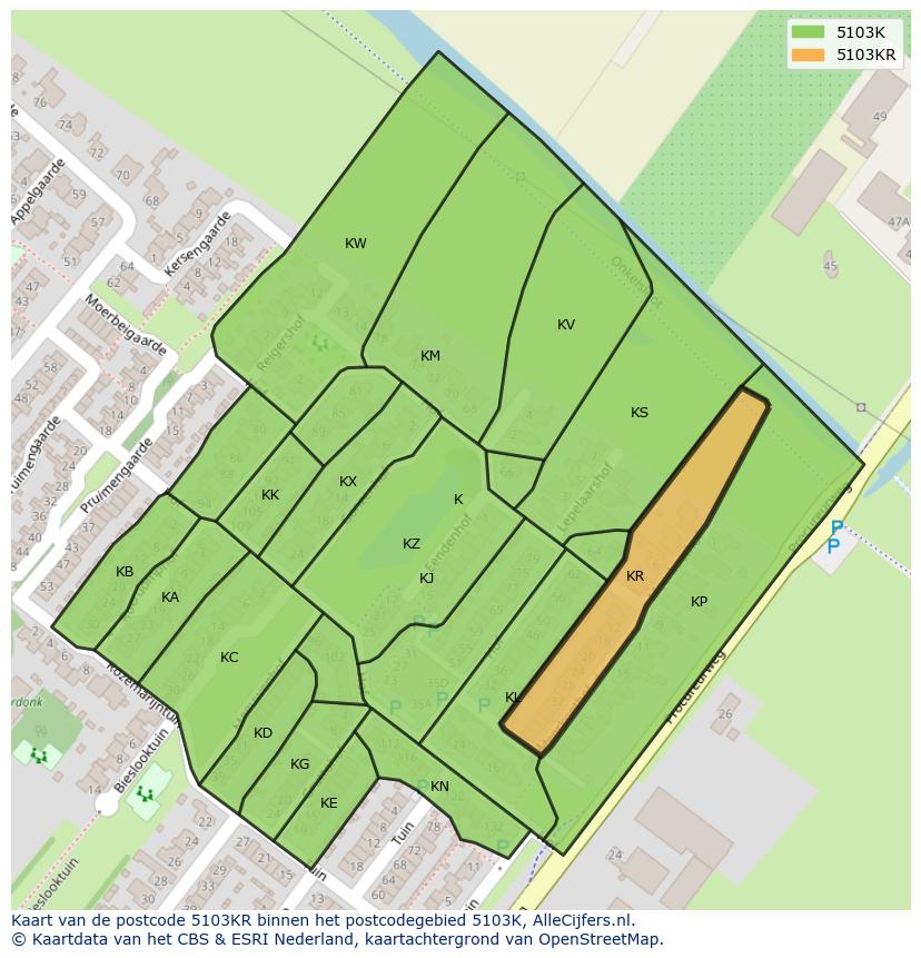 Afbeelding van het postcodegebied 5103 KR op de kaart.