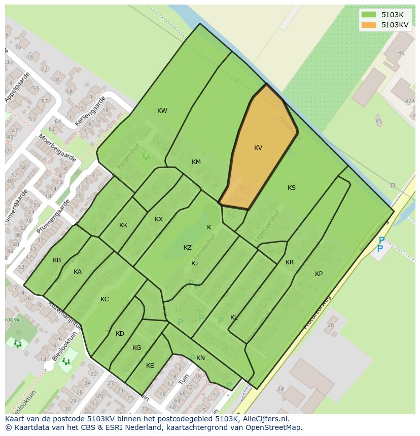 Afbeelding van het postcodegebied 5103 KV op de kaart.