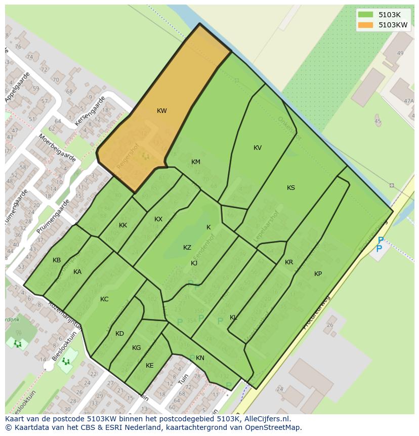 Afbeelding van het postcodegebied 5103 KW op de kaart.
