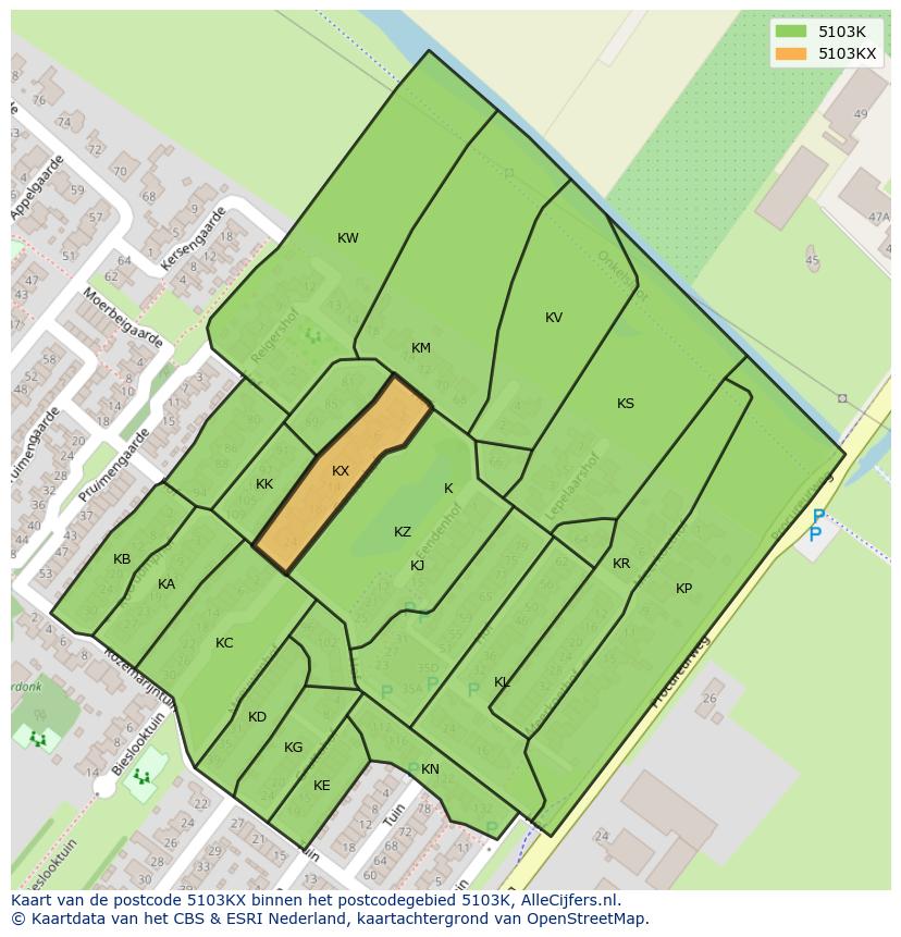 Afbeelding van het postcodegebied 5103 KX op de kaart.