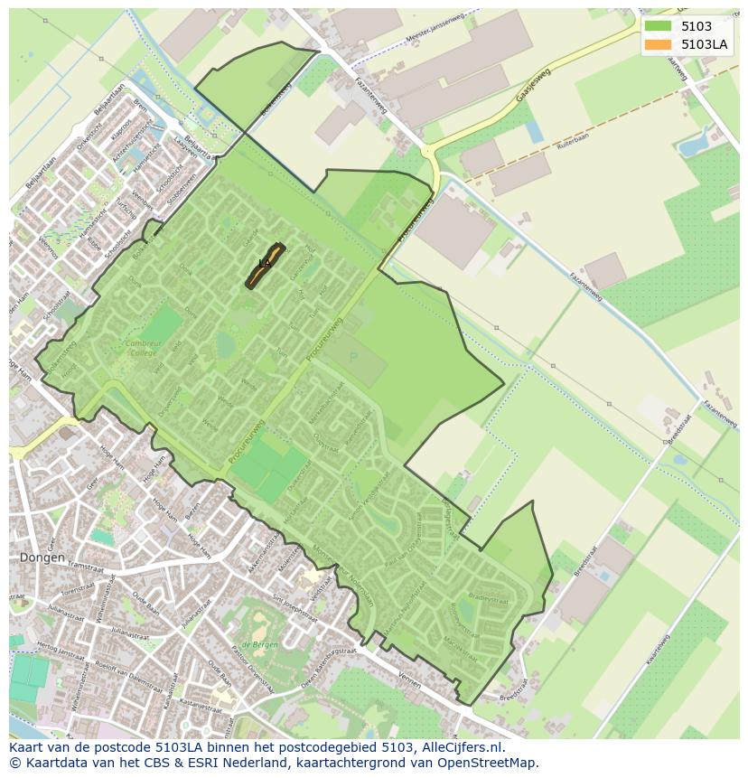 Afbeelding van het postcodegebied 5103 LA op de kaart.