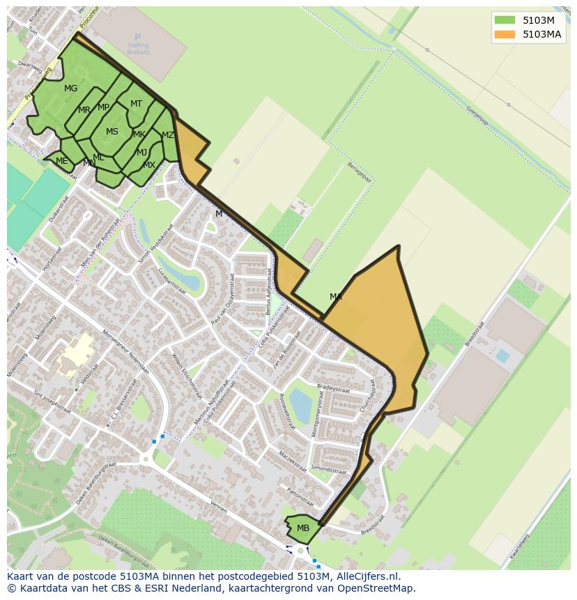 Afbeelding van het postcodegebied 5103 MA op de kaart.