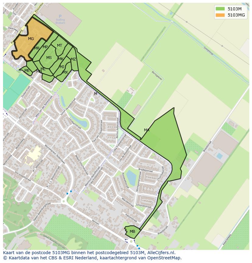 Afbeelding van het postcodegebied 5103 MG op de kaart.