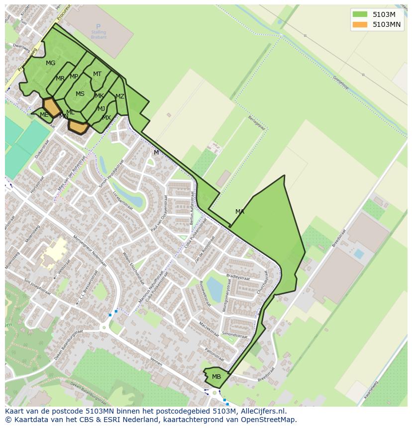 Afbeelding van het postcodegebied 5103 MN op de kaart.