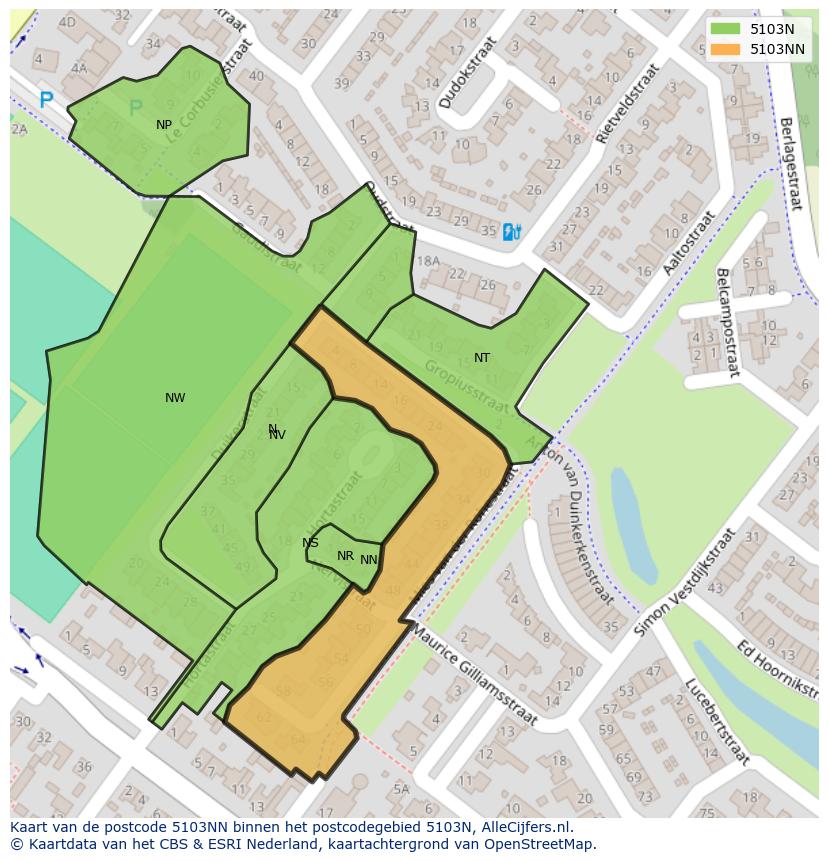 Afbeelding van het postcodegebied 5103 NN op de kaart.
