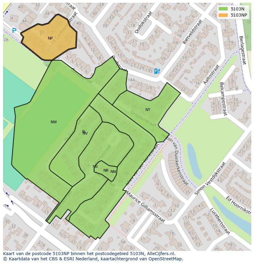 Afbeelding van het postcodegebied 5103 NP op de kaart.