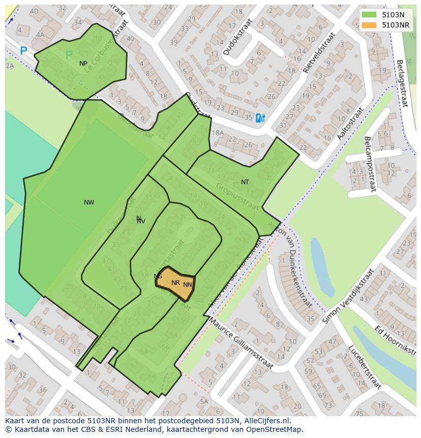 Afbeelding van het postcodegebied 5103 NR op de kaart.