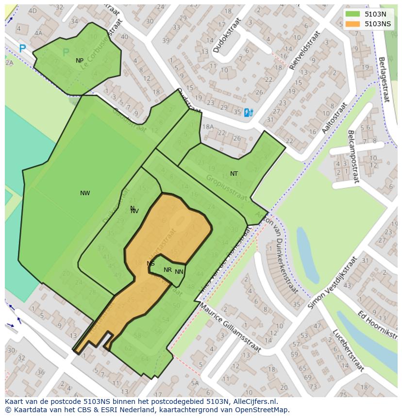 Afbeelding van het postcodegebied 5103 NS op de kaart.