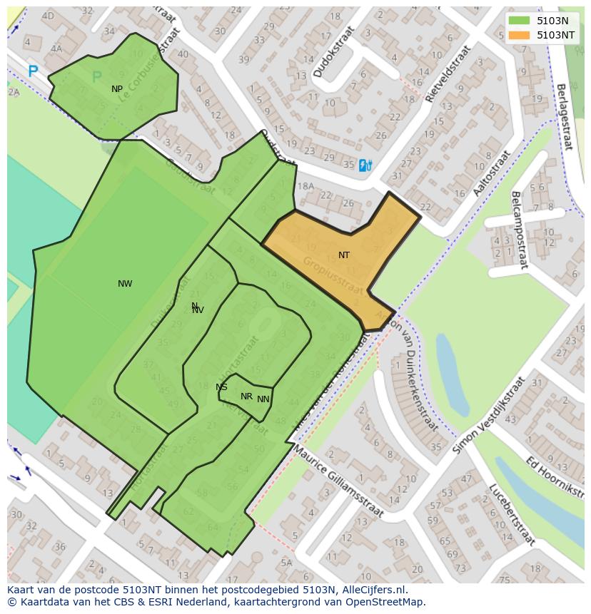 Afbeelding van het postcodegebied 5103 NT op de kaart.