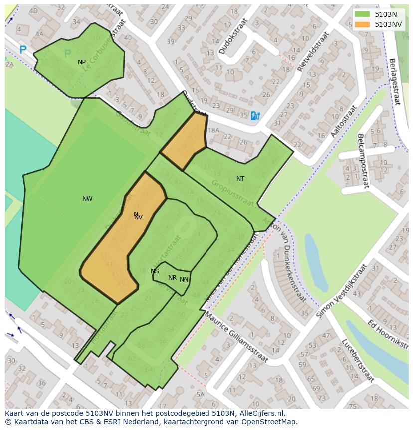 Afbeelding van het postcodegebied 5103 NV op de kaart.