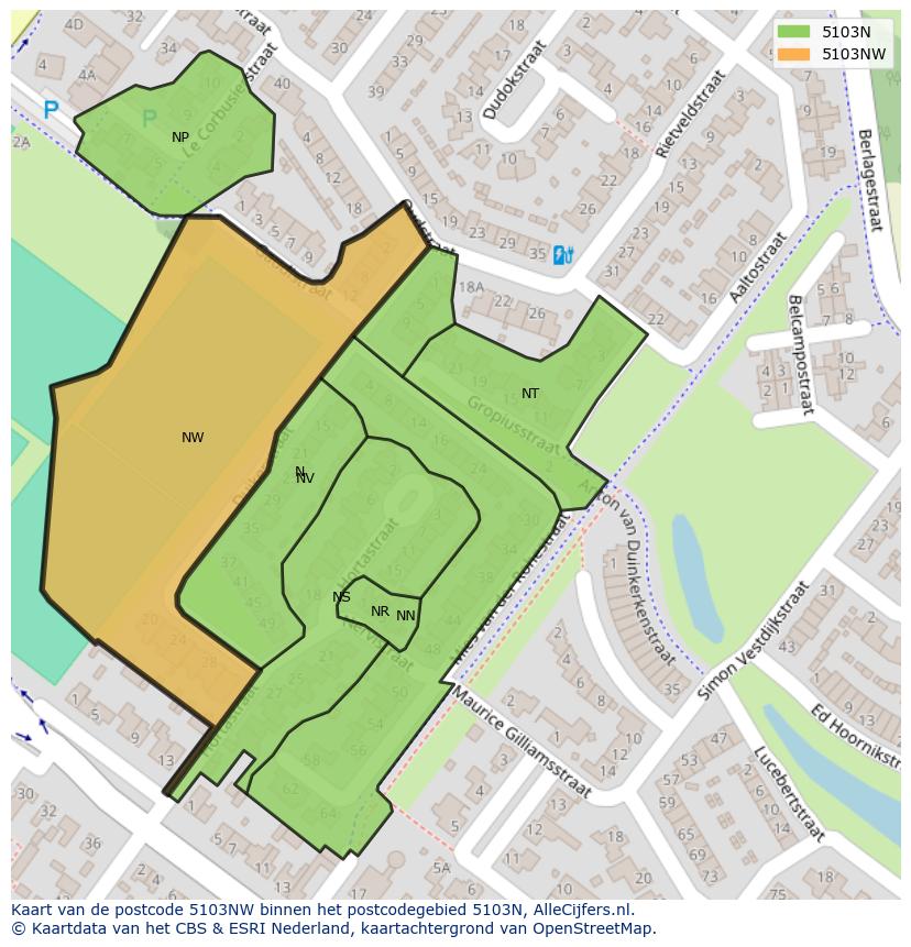 Afbeelding van het postcodegebied 5103 NW op de kaart.