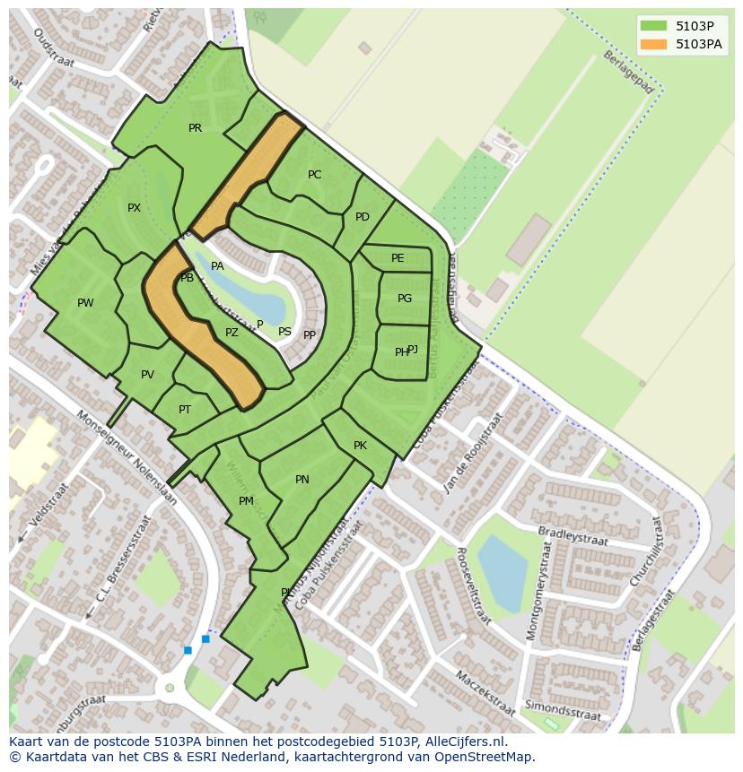 Afbeelding van het postcodegebied 5103 PA op de kaart.