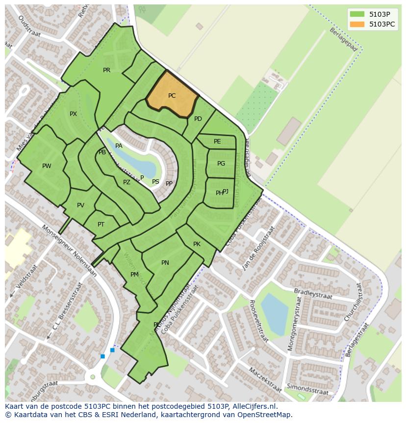 Afbeelding van het postcodegebied 5103 PC op de kaart.