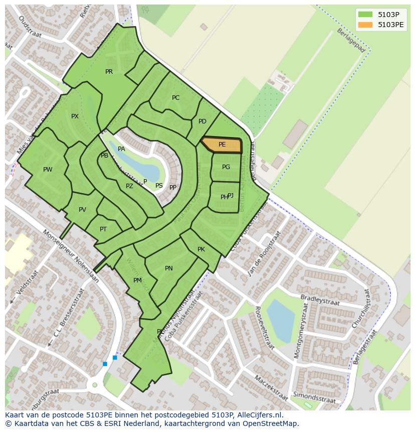 Afbeelding van het postcodegebied 5103 PE op de kaart.