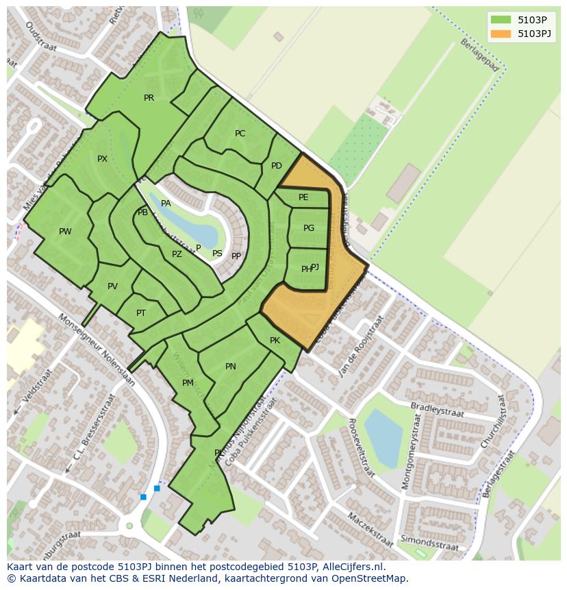 Afbeelding van het postcodegebied 5103 PJ op de kaart.