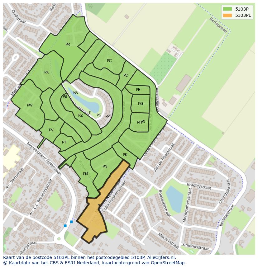 Afbeelding van het postcodegebied 5103 PL op de kaart.