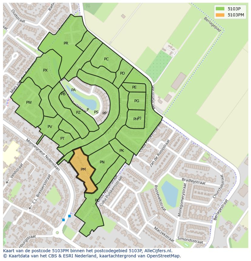 Afbeelding van het postcodegebied 5103 PM op de kaart.