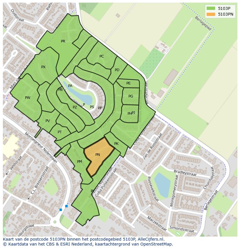 Afbeelding van het postcodegebied 5103 PN op de kaart.