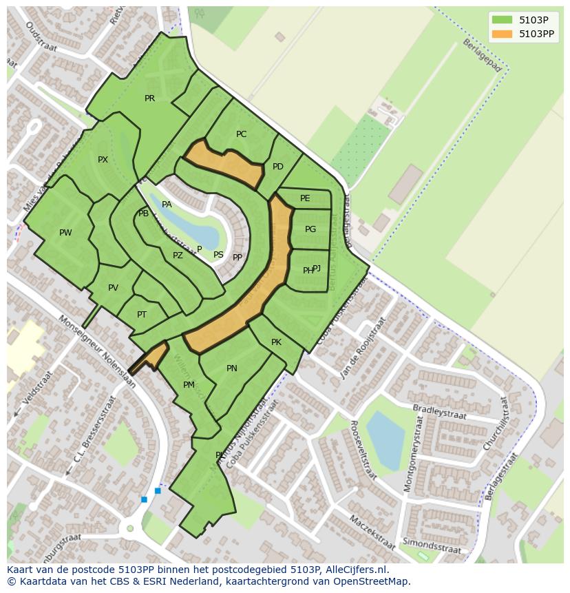 Afbeelding van het postcodegebied 5103 PP op de kaart.