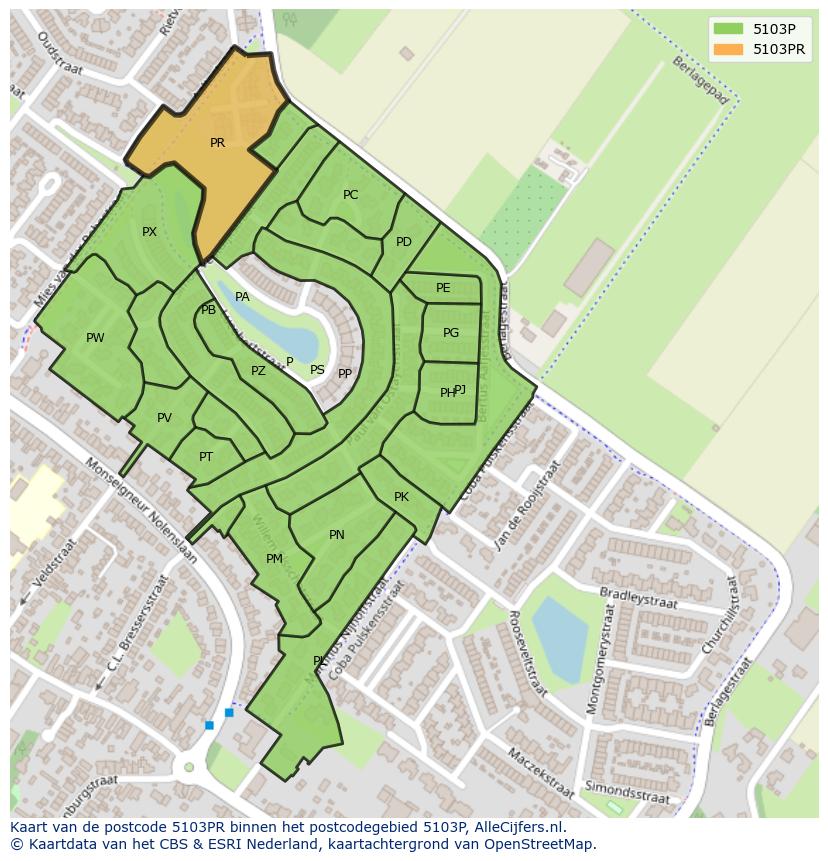 Afbeelding van het postcodegebied 5103 PR op de kaart.