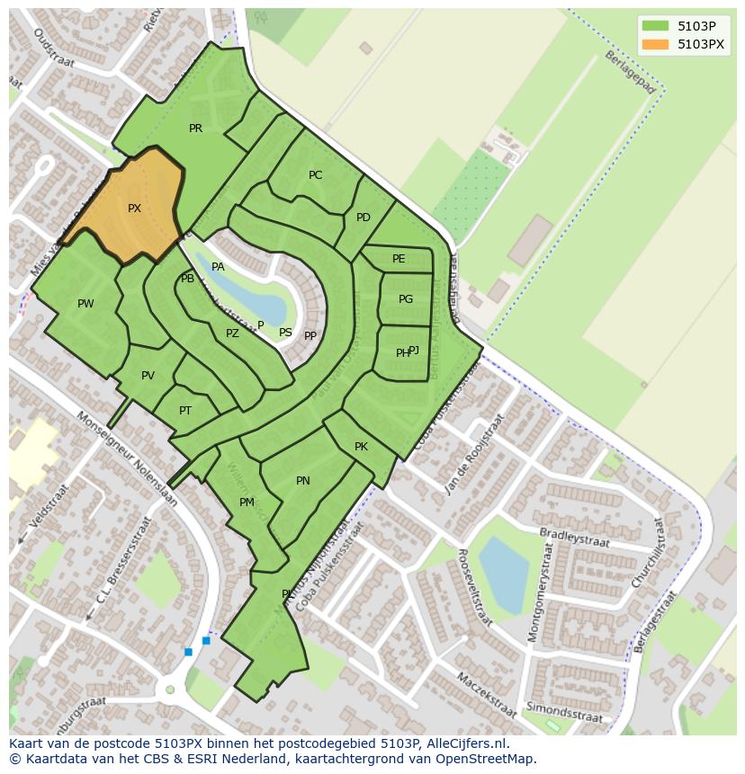 Afbeelding van het postcodegebied 5103 PX op de kaart.