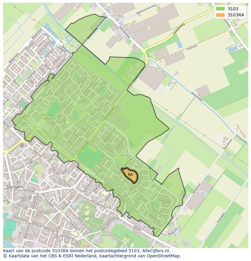 Afbeelding van het postcodegebied 5103 RA op de kaart.