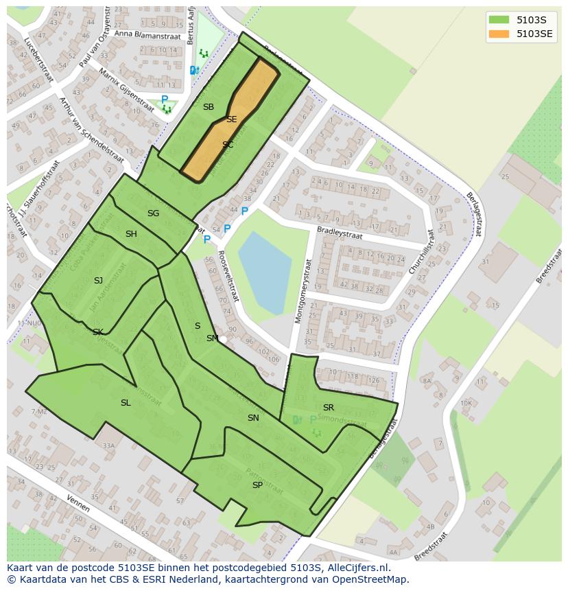 Afbeelding van het postcodegebied 5103 SE op de kaart.