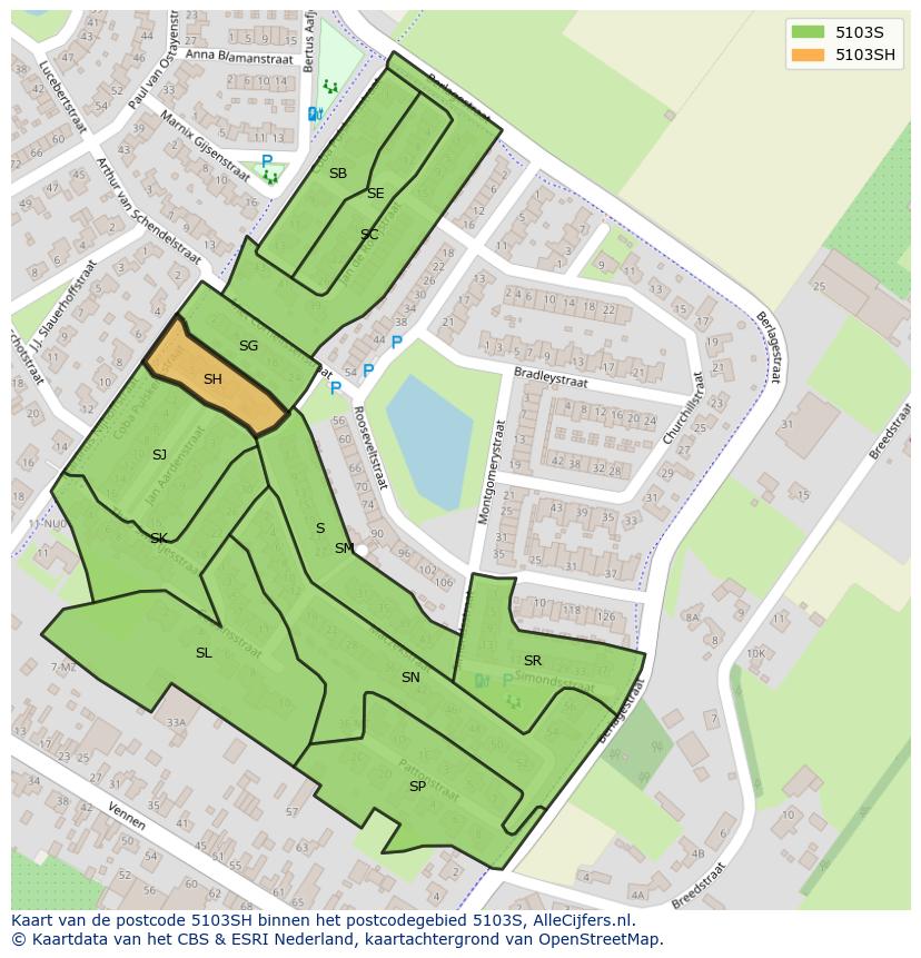 Afbeelding van het postcodegebied 5103 SH op de kaart.