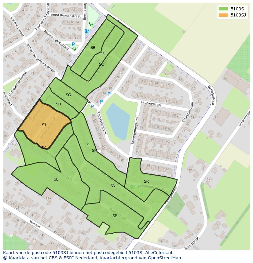 Afbeelding van het postcodegebied 5103 SJ op de kaart.