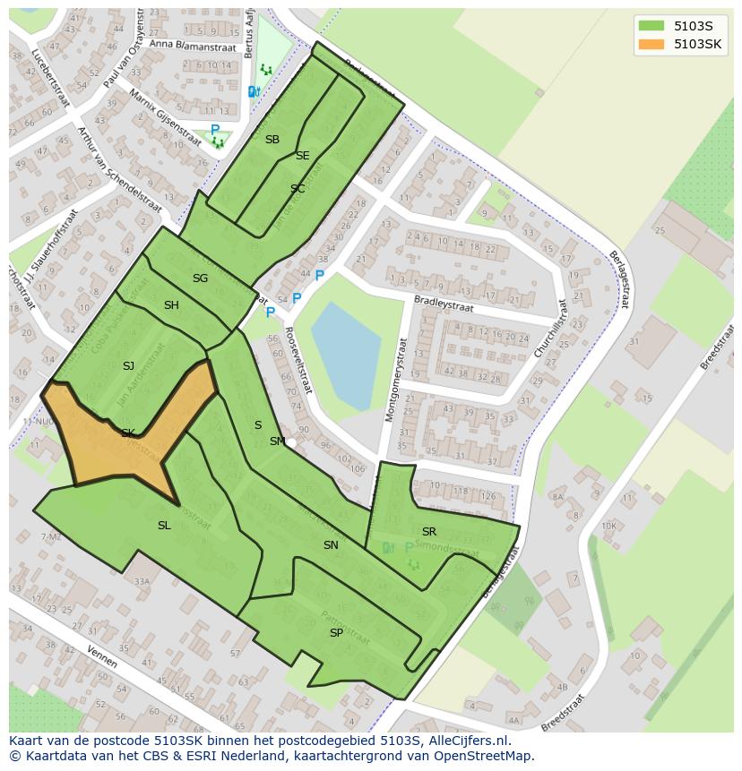 Afbeelding van het postcodegebied 5103 SK op de kaart.