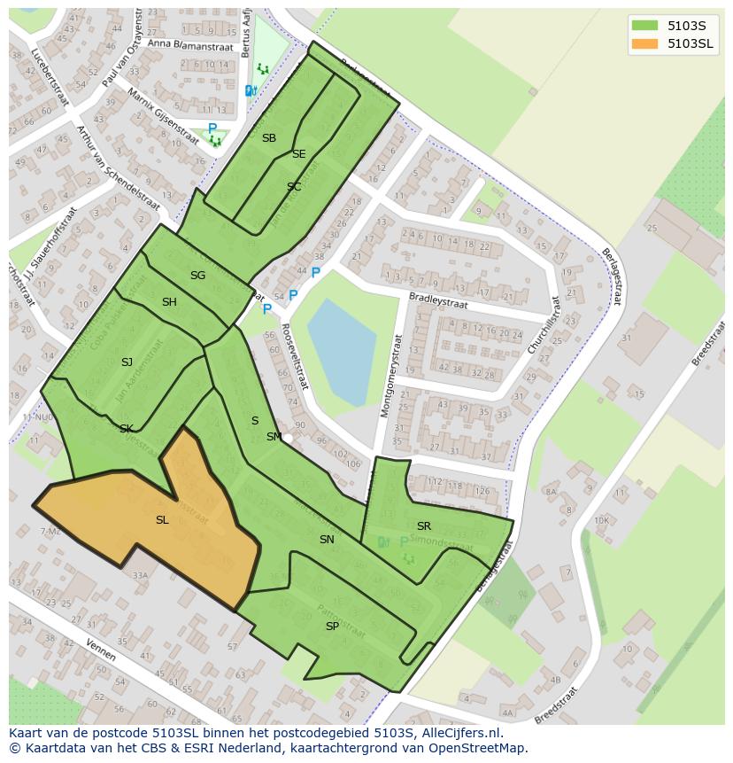Afbeelding van het postcodegebied 5103 SL op de kaart.