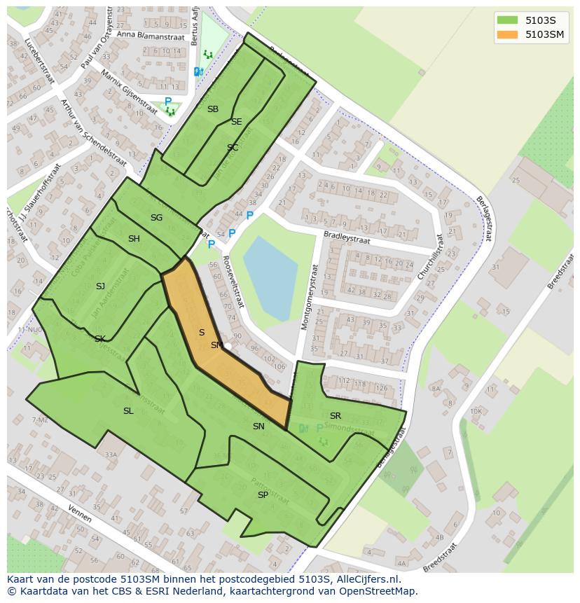Afbeelding van het postcodegebied 5103 SM op de kaart.
