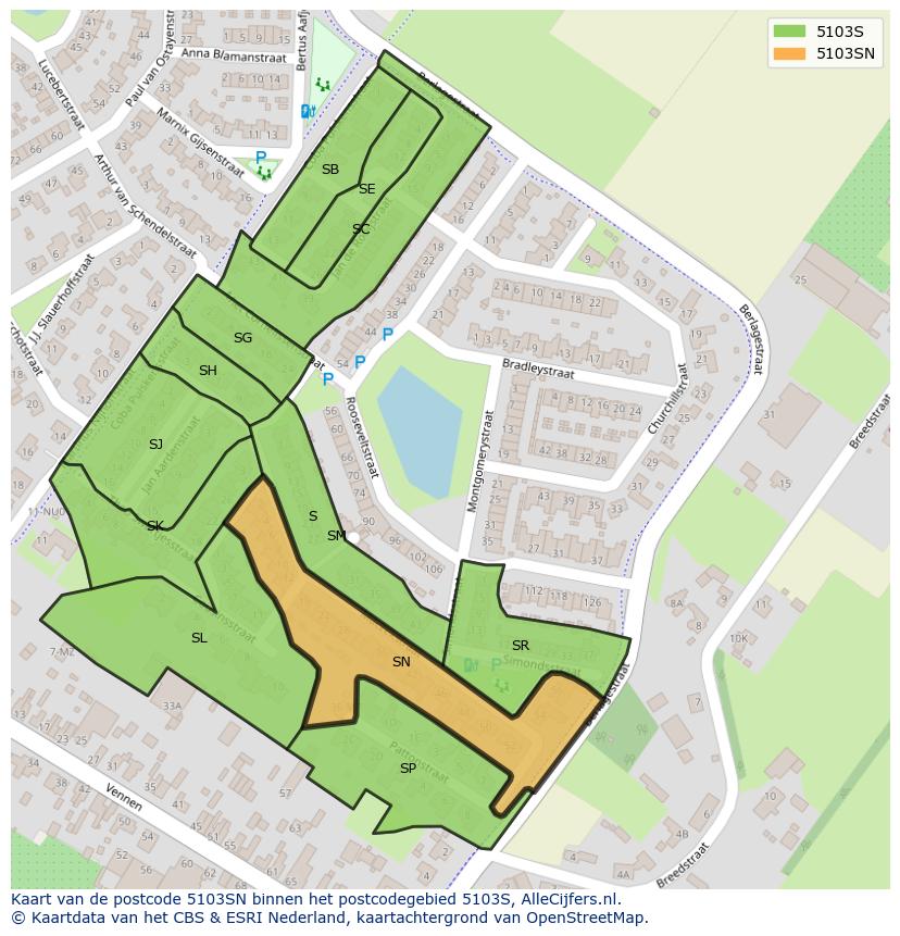 Afbeelding van het postcodegebied 5103 SN op de kaart.