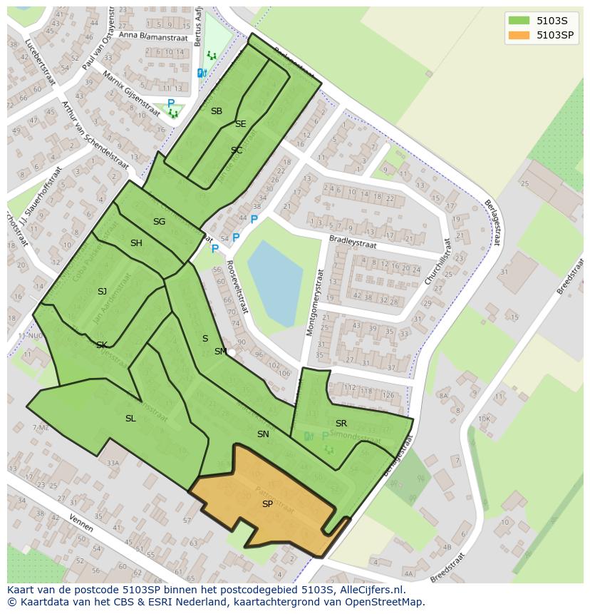 Afbeelding van het postcodegebied 5103 SP op de kaart.