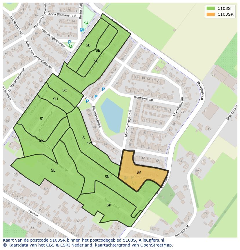 Afbeelding van het postcodegebied 5103 SR op de kaart.
