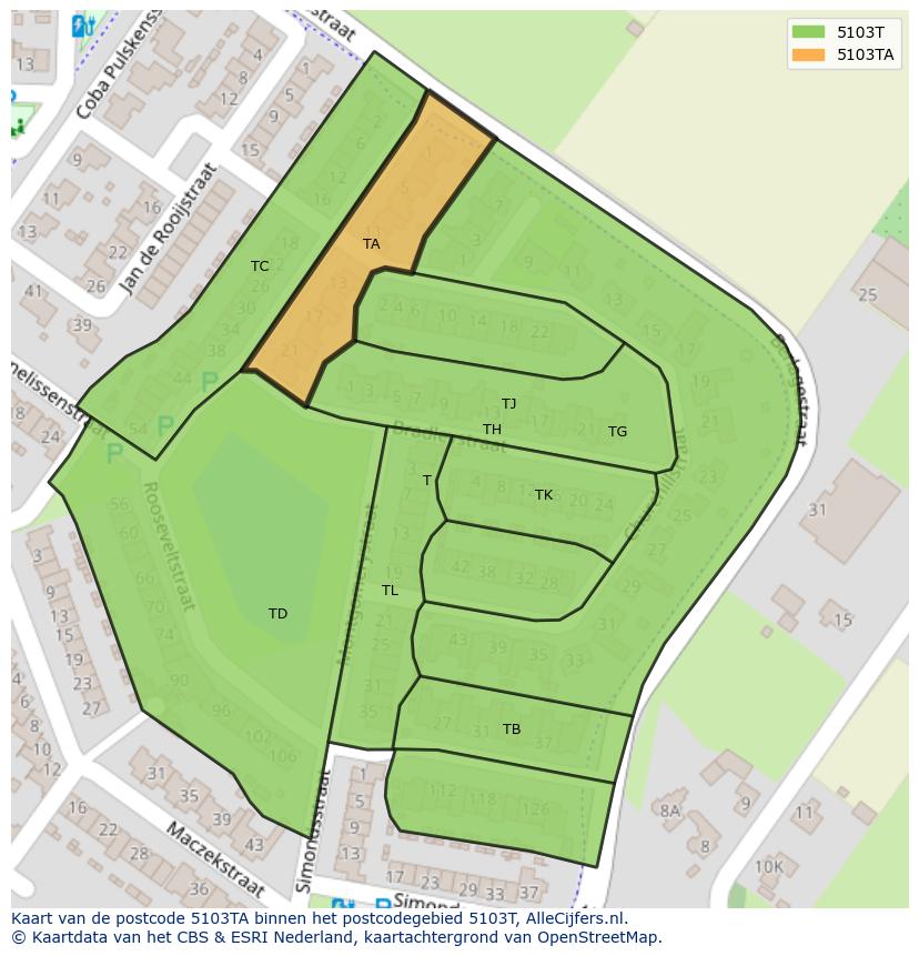 Afbeelding van het postcodegebied 5103 TA op de kaart.