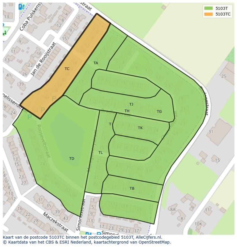 Afbeelding van het postcodegebied 5103 TC op de kaart.