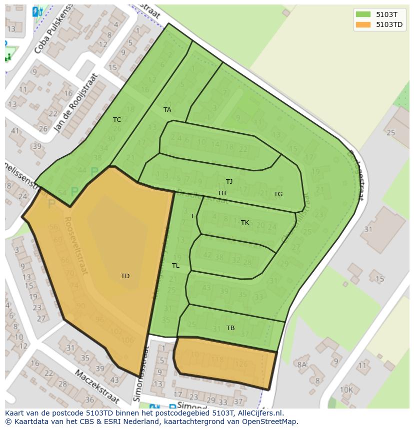 Afbeelding van het postcodegebied 5103 TD op de kaart.