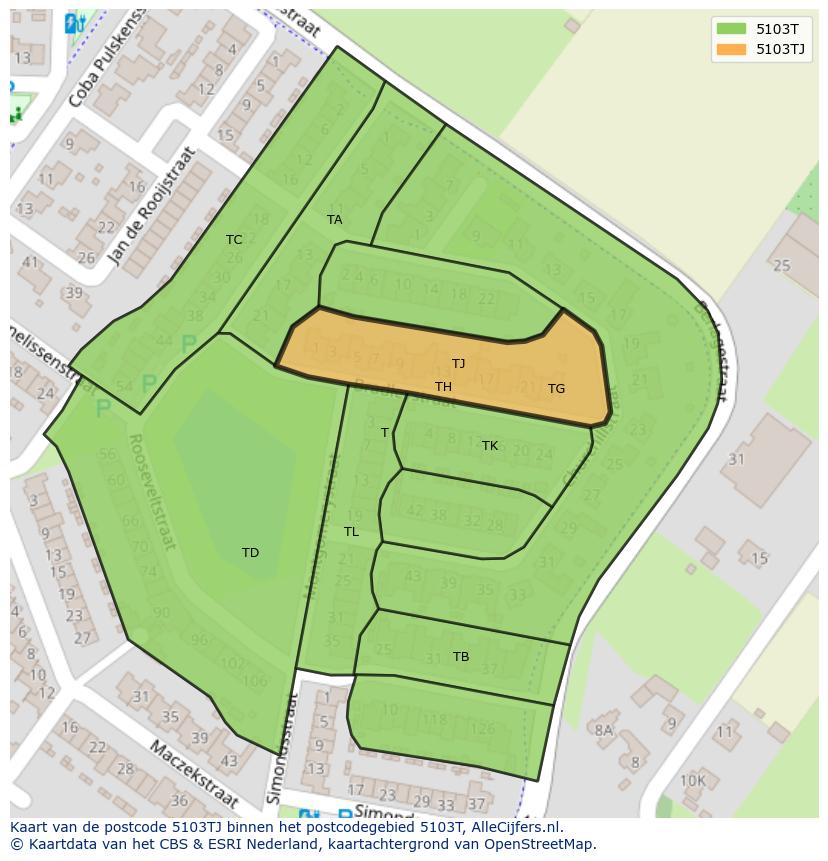 Afbeelding van het postcodegebied 5103 TJ op de kaart.