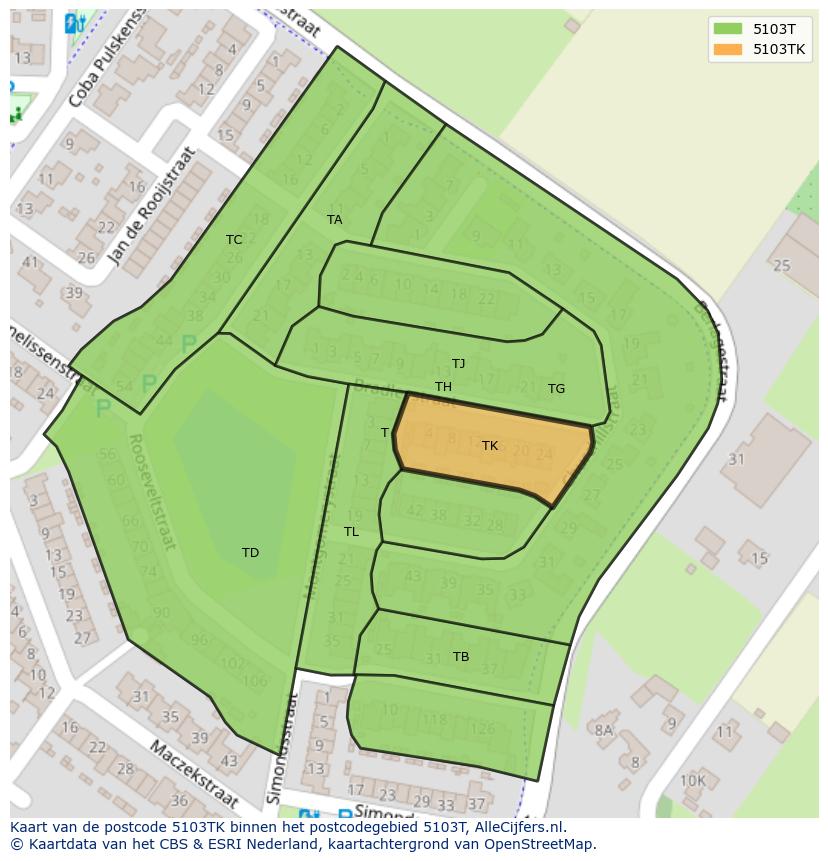 Afbeelding van het postcodegebied 5103 TK op de kaart.