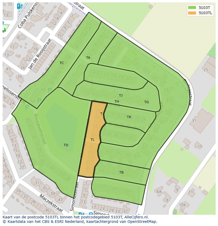 Afbeelding van het postcodegebied 5103 TL op de kaart.
