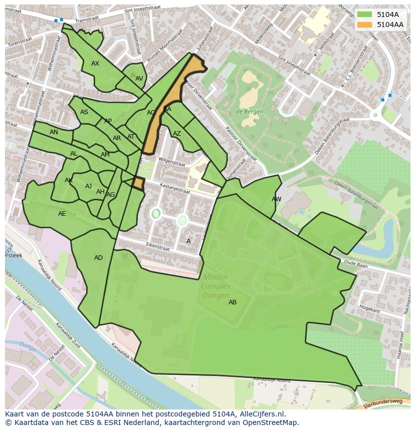 Afbeelding van het postcodegebied 5104 AA op de kaart.