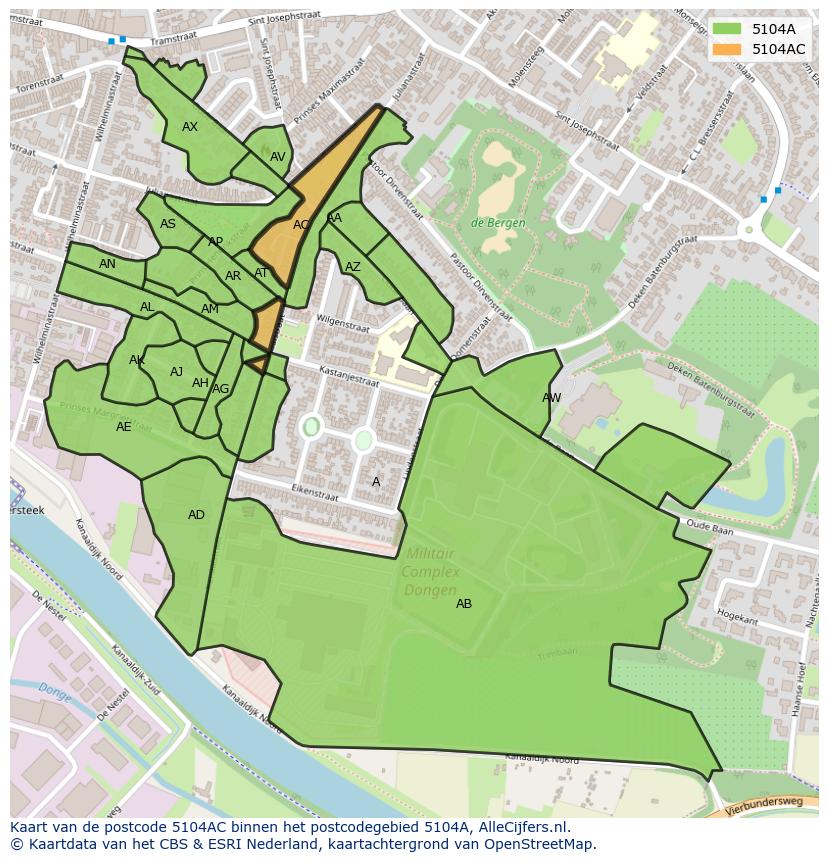 Afbeelding van het postcodegebied 5104 AC op de kaart.