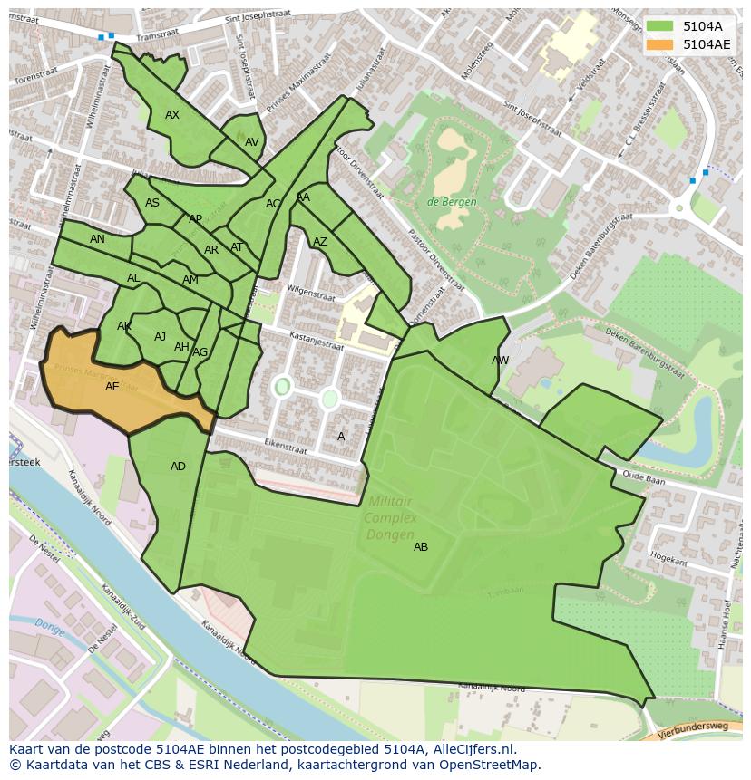 Afbeelding van het postcodegebied 5104 AE op de kaart.