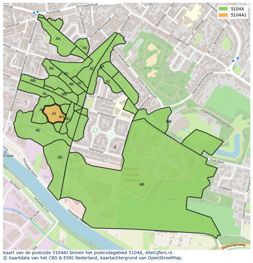 Afbeelding van het postcodegebied 5104 AJ op de kaart.