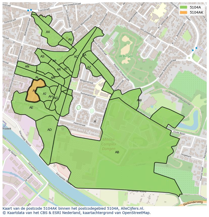 Afbeelding van het postcodegebied 5104 AK op de kaart.